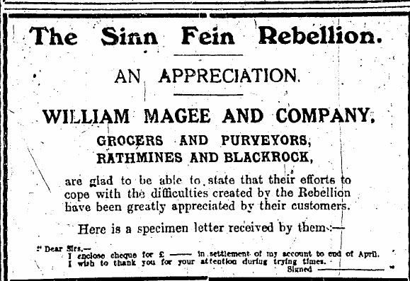 1916-william-magee.png - 1916 September - Advertisement for William Magee and Co. Grocers, Rathmines and Blackrock.