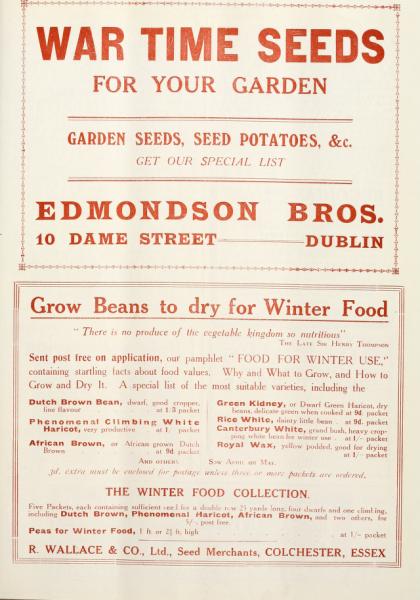 1918-war_time_seeds.jpg - 1918 - 'War Time Seed for your Garden'. Advertisement for Edmondson Bros, Dublin.