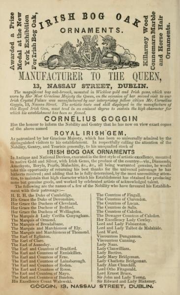 cornelius_coggin_irish_bog_ornaments.jpg - 1854 Advertisement for Cornelius Goggin's Irish Bog Ornaments, 18 Nassau Stree, Dublin.