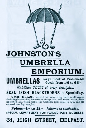 johnstone_umbrellas.jpg - 1898 Advertisement for Johnston's Umbrella Emporium, High Street, Belfast.