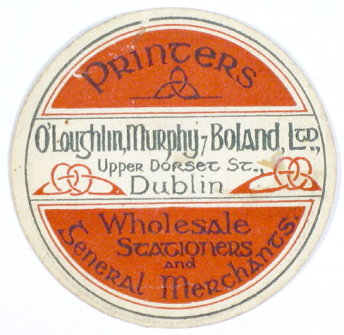 3d_token.jpg - 'O'Loughlin, Murphy and Boland Ltd'. Advertisment from the reverse of a 3d  token from the Ballykinlar interment camp (c.1920)