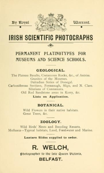 irish_scientific_photographs.jpg - 1902 Advertisement for R. Welch of Belfast, 'Photographer to the late Queen Victoria'.