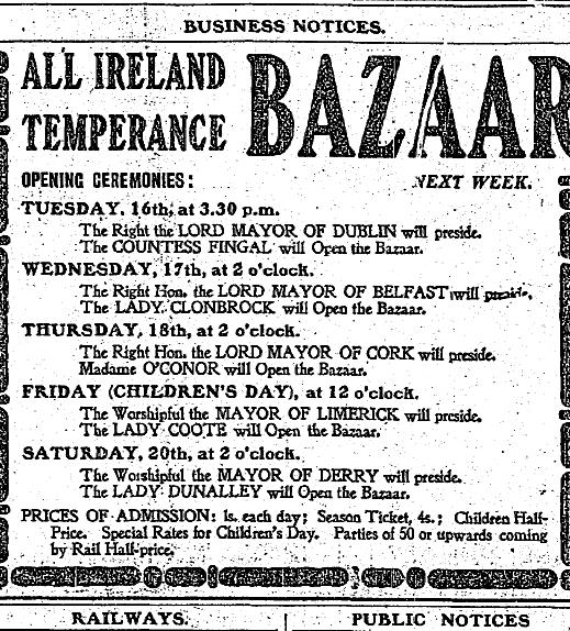 1905-May-Irish-Ind2.jpg - 1905 Advertisement for the All Ireland Temperance Bazaar.