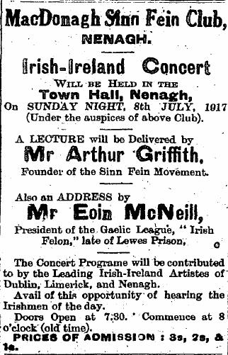 1917-sinn-fein-club.png - 1917 – Advertisement for the MacDonagh Sinn Fein Club, Nenagh’.