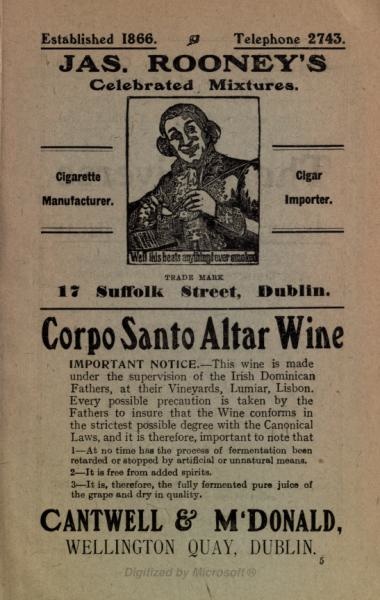 1920-james_rooney_mixtures.jpg - 1920- 'James Rooney's Celebrated Mixtures- Corpo Santo Altar Wine'. Advertisement for Cantwell and M'Donald, clerical vintners of Dublin.